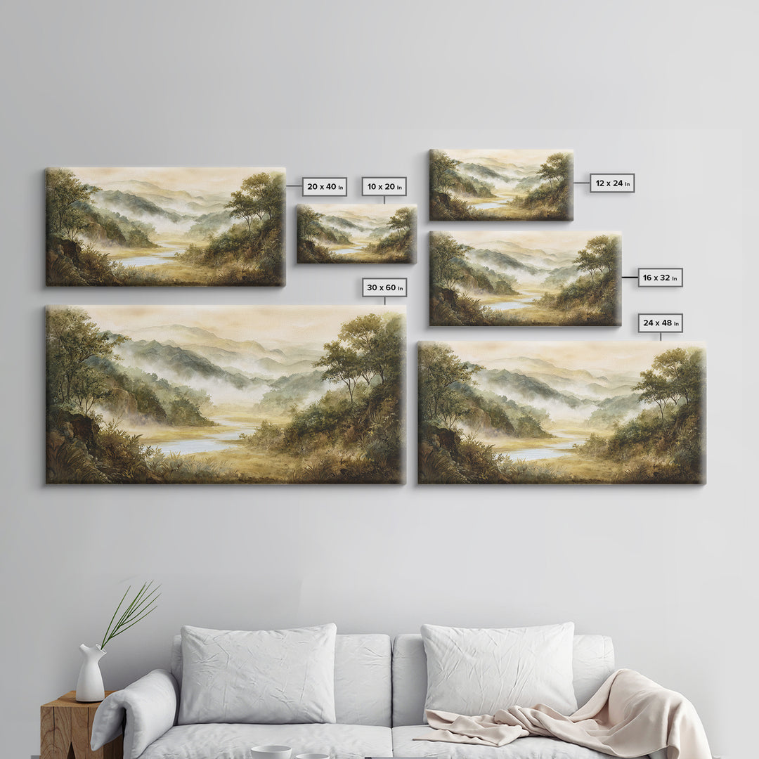 Tropical Jungle Waterfall Framed Canvas Print, Landscape Art, Digital Art, Living Room Decor, Fine Art, Horizon, Boho Wall Art, LAN-2x1-60