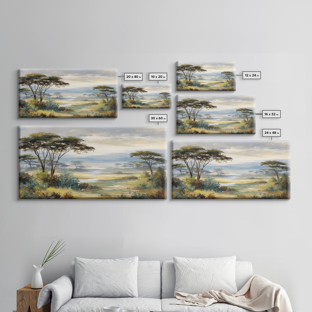 Wide Savanna with Acacia Silhouette Canvas Print, Landscape Art, Abstract Wall Art, Living Room Decor, Fine Art, Horizon, LAN-2x1-63