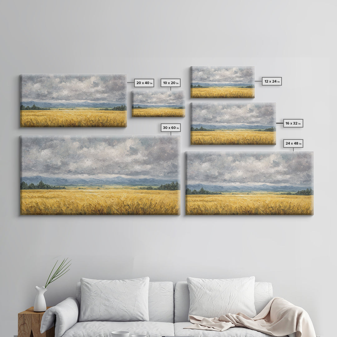 Golden Wheat Field Beneath Huge Clouds Canvas Print, Landscape Art, Original Painting, Living Room Decor, Fine Art, Horizon, LAN-2x1-68