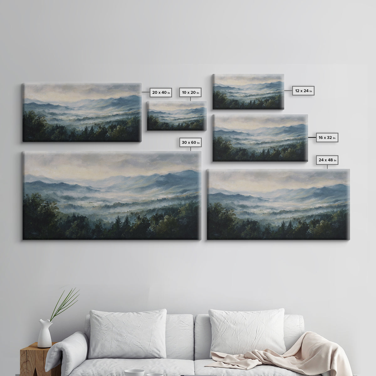 Misty Mountain Valley at Sunrise Canvas Print, Landscape Art, Abstract Wall Art, Living Room Decor, Fine Art, Horizon, LAN-2x1-69