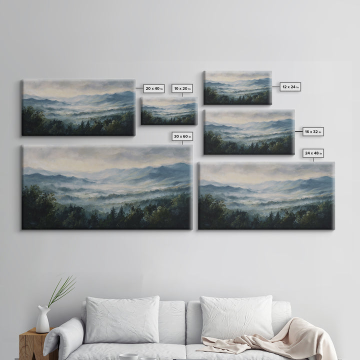 Misty Mountain Valley at Sunrise Canvas Print, Landscape Art, Abstract Wall Art, Living Room Decor, Fine Art, Horizon, LAN-2x1-69