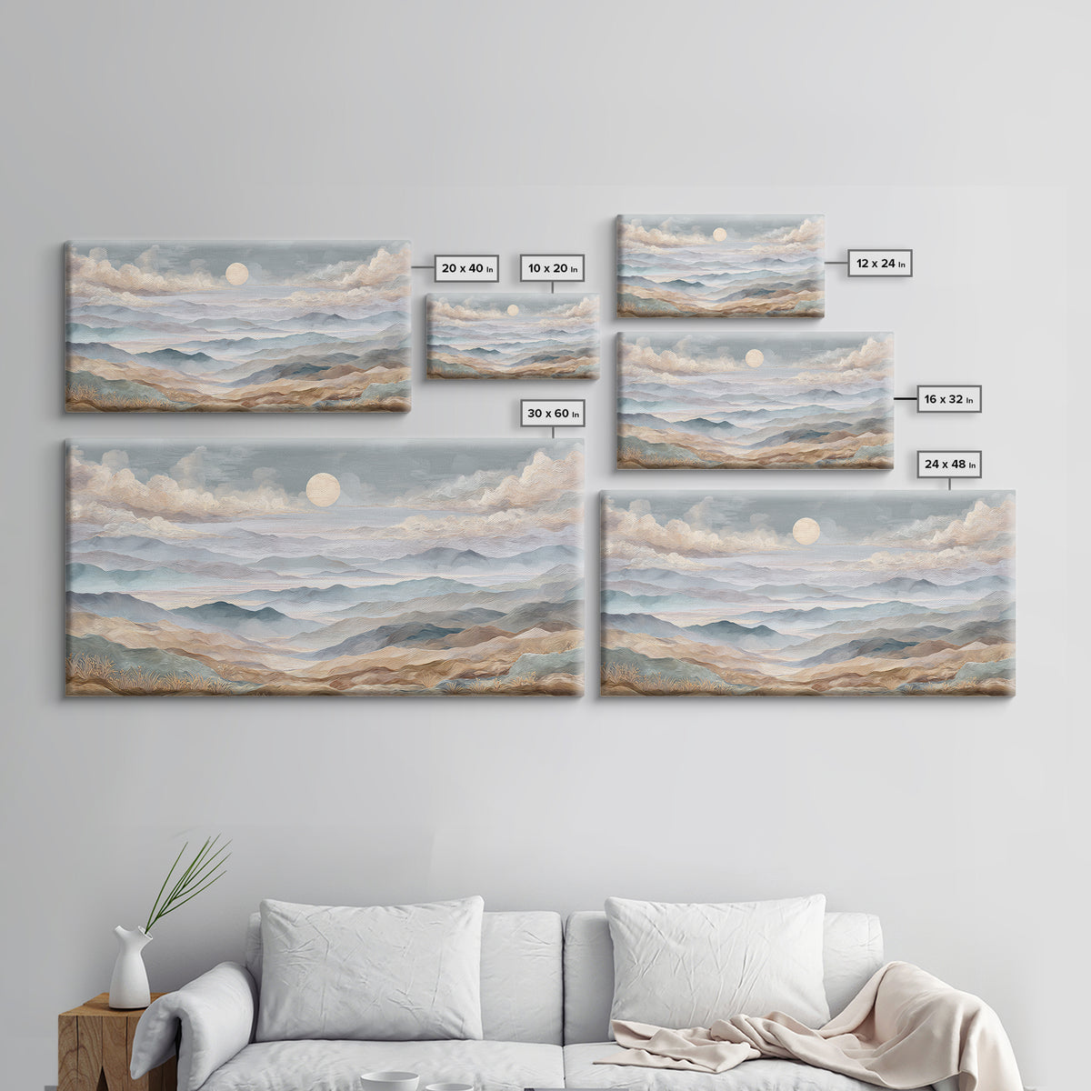 Desert Dunes under Pale Moon Framed Canvas Print, Landscape Art, Art Prints, Living Room Decor, Horizon, Abstract Wall Art, LAN-2x1-7