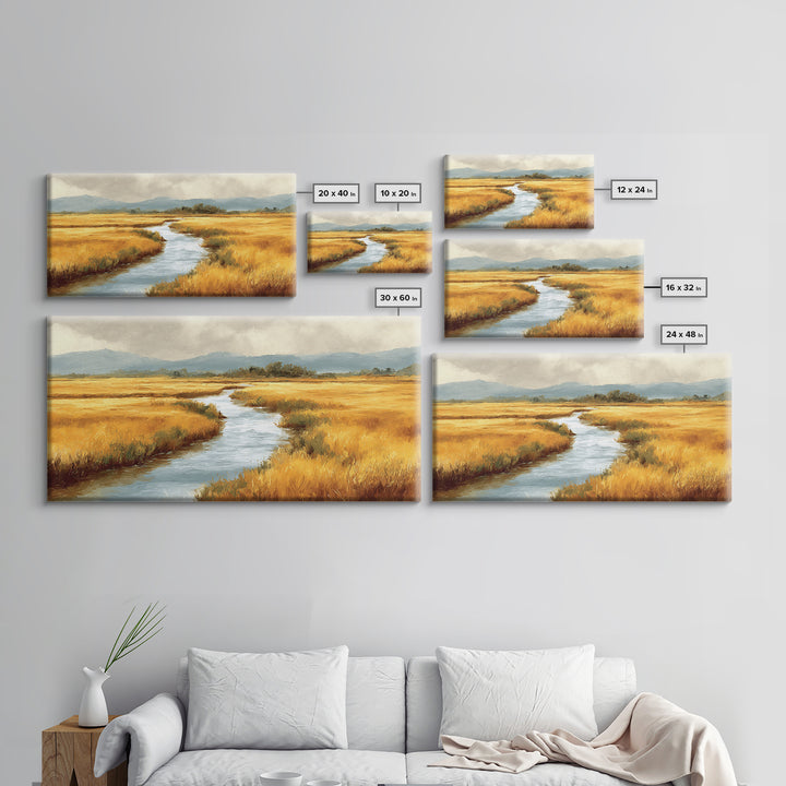 Winding River Through Golden Fields Canvas Print, Landscape Art, Printable Wall Art, Living Room Decor, Oil Painting, Horizon, LAN-2x1-70