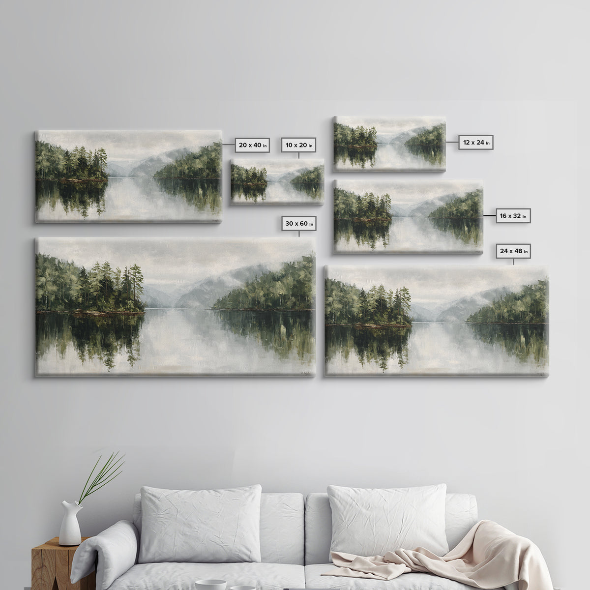 Quiet Lake Reflecting Pine Forest Framed Canvas Print, Landscape Art, Digital Wall Art, Living Room Decor, Fine Art, Horizon, LAN-2x1-72
