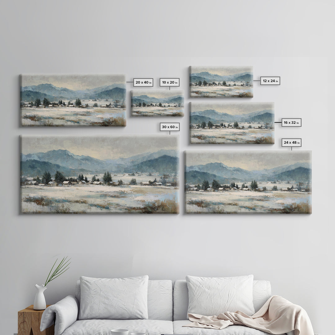 Snow Covered Alpine Village at Dusk Framed Canvas Print, Landscape Art, Room Decor, Living Room Decor, Fine Art, Horizon, LAN-2x1-75
