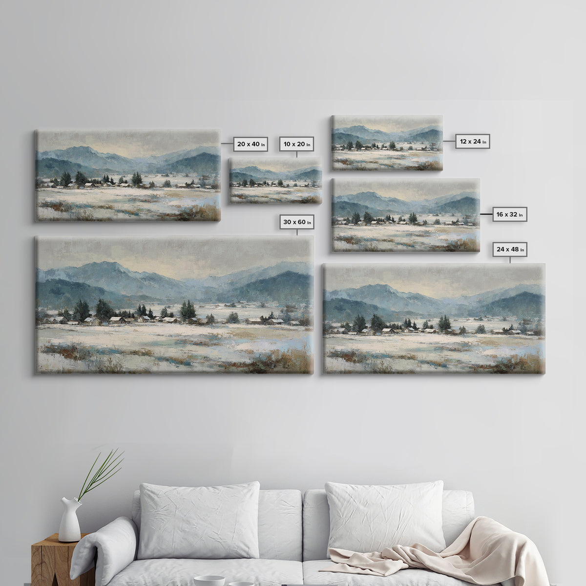 Snow Covered Alpine Village at Dusk Framed Canvas Print, Landscape Art, Room Decor, Living Room Decor, Fine Art, Horizon, LAN-2x1-75