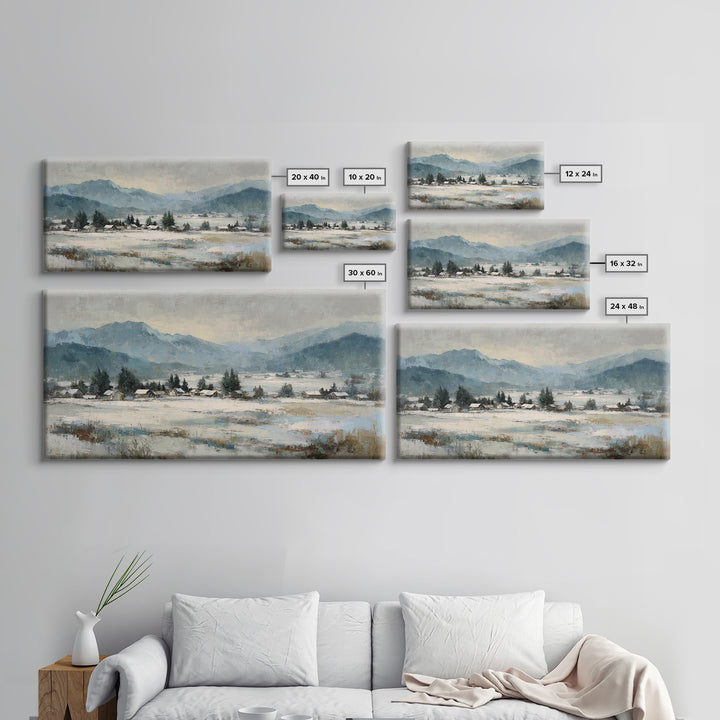 Snow Covered Alpine Village at Dusk Framed Canvas Print, Landscape Art, Room Decor, Living Room Decor, Fine Art, Horizon, LAN-2x1-75