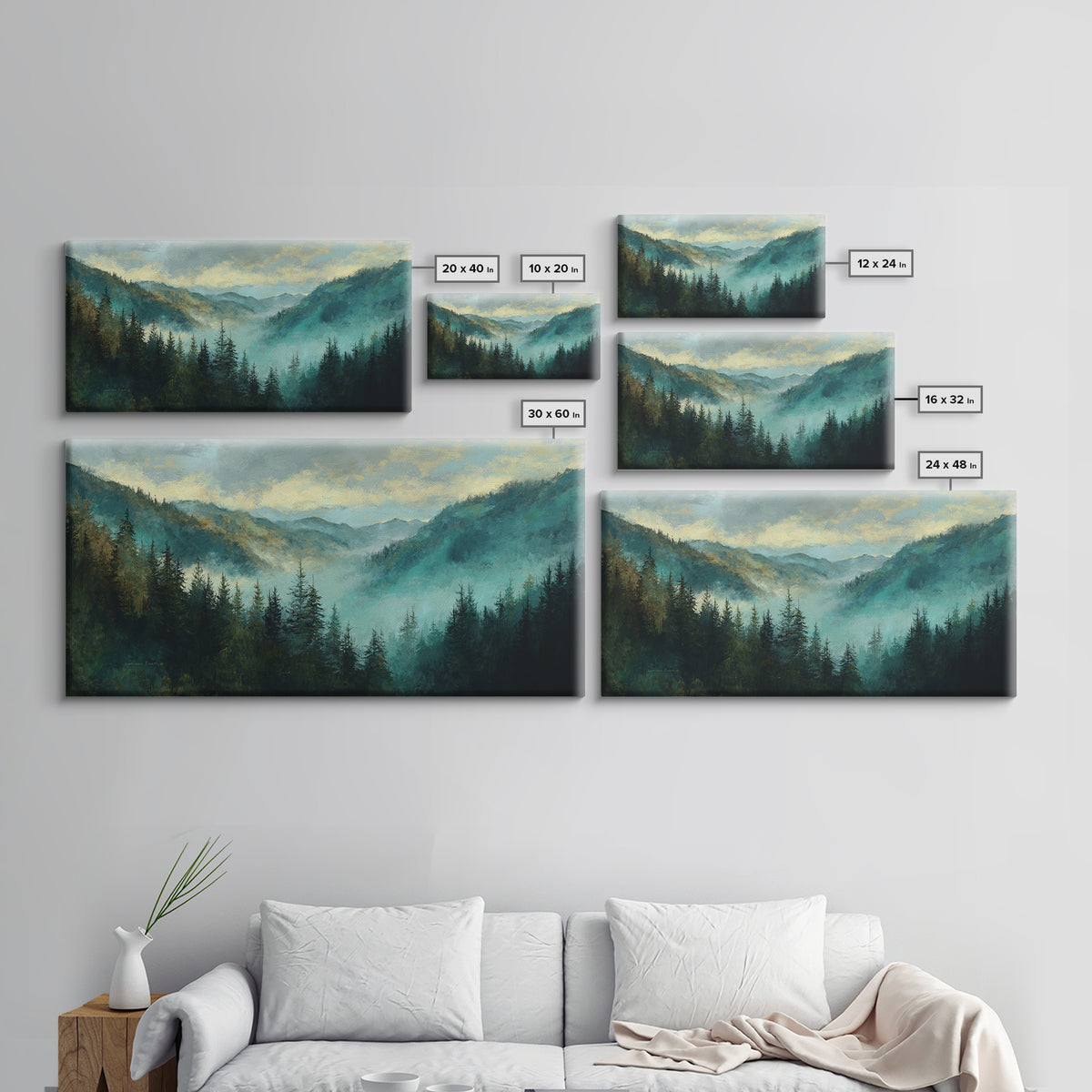 Waterfall Hidden in Dense Forest Framed Canvas Print, Landscape Art, Living Room Decor, Oil Painting, Horizon, Modern Art, LAN-2x1-80