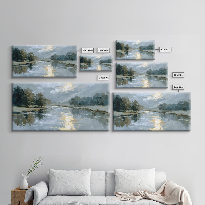 Moonlit River with Silver Reflections Canvas Print, Landscape Art, Living Room Decor, Oil Painting, Horizon, Modern Art, LAN-2x1-89