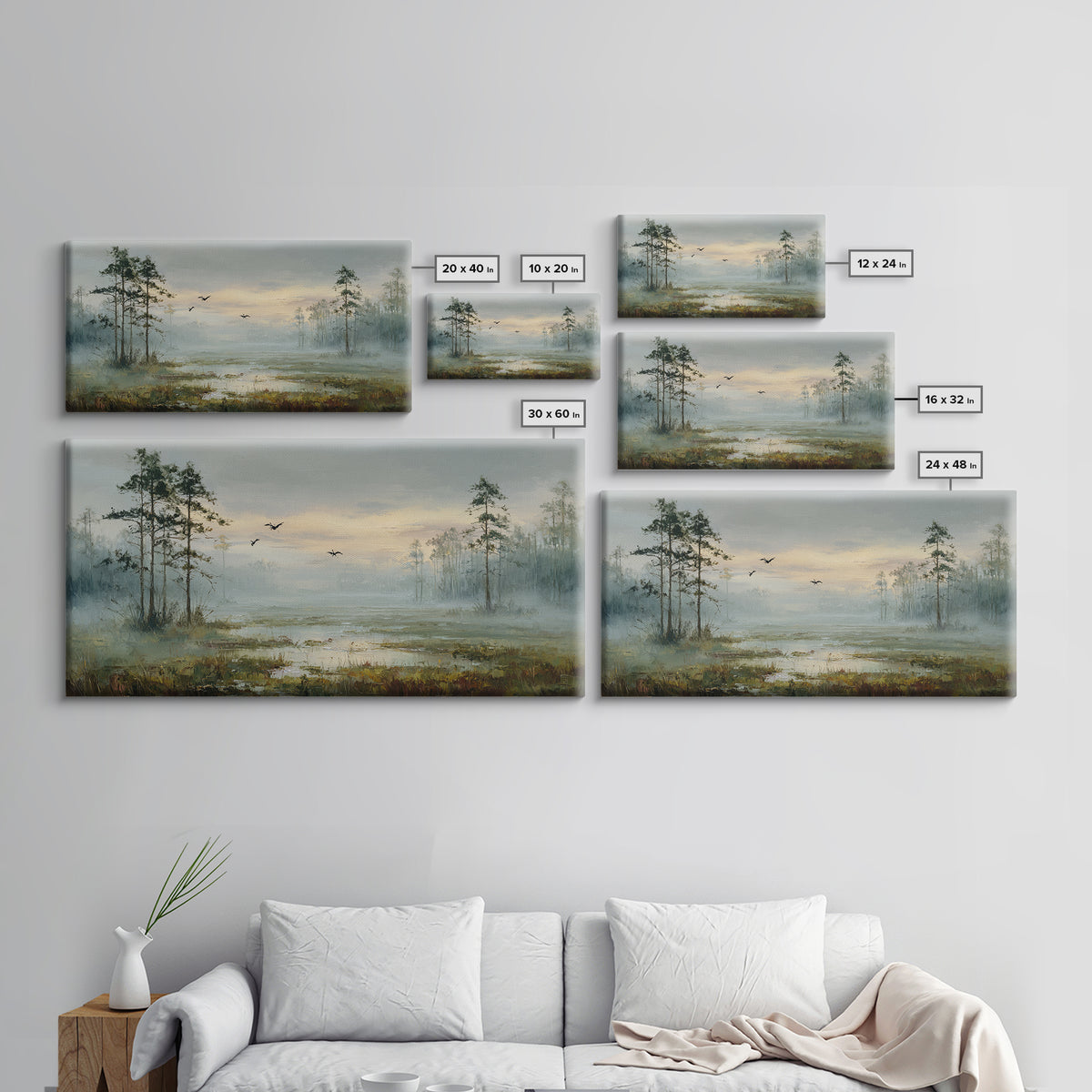 Misty Cypress Swamp Framed Canvas Print, Landscape Art, Digital Art, Living Room Decor, Fine Art, Horizon, Boho Wall Art, LAN-2x1-90