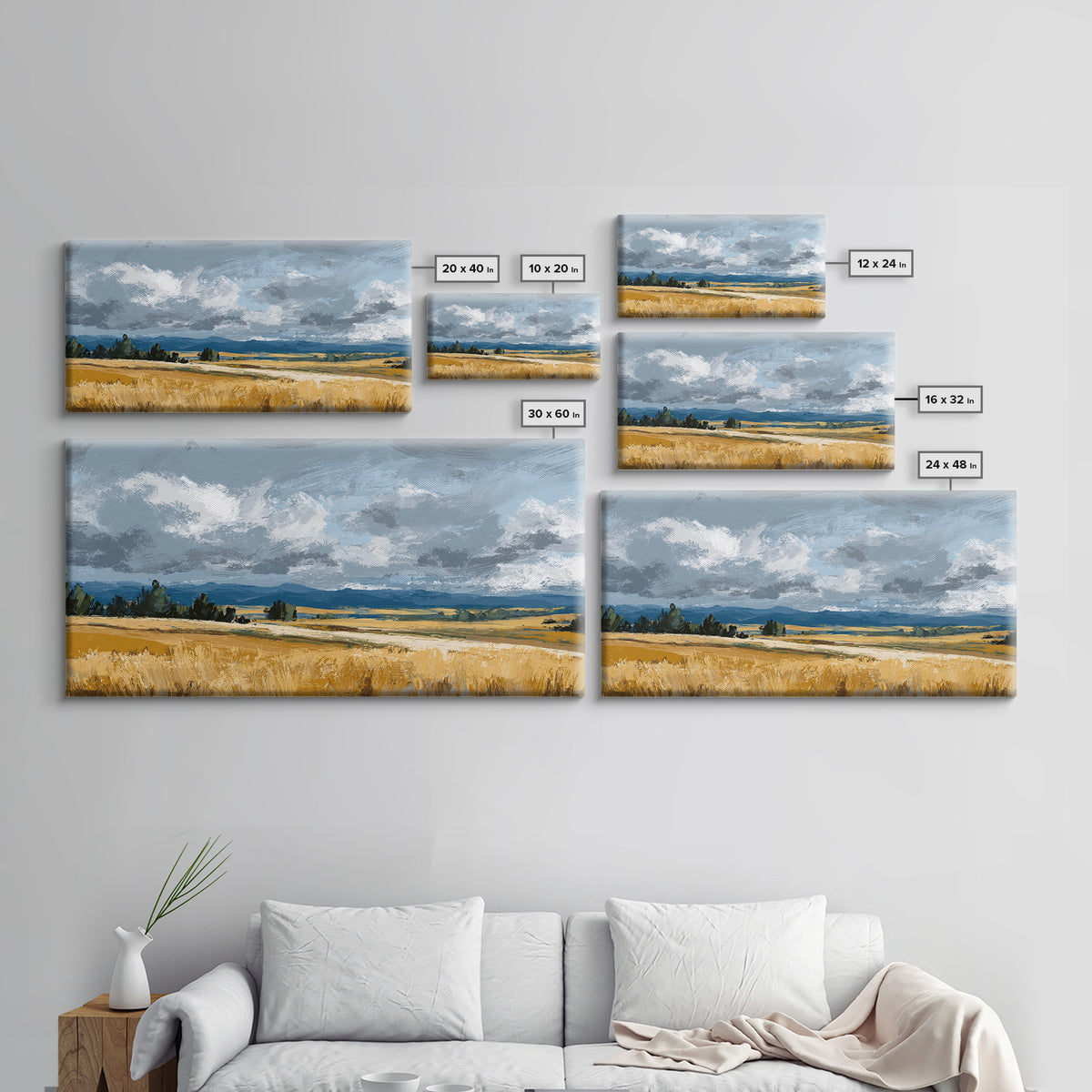 Golden Wheat Field Beneath Huge Clouds Framed Canvas Print, Landscape Art, Digital Print, Living Room Decor, Fine Art, Horizon, LAN-2x1-92