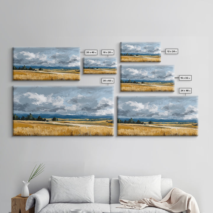 Golden Wheat Field Beneath Huge Clouds Framed Canvas Print, Landscape Art, Digital Print, Living Room Decor, Fine Art, Horizon, LAN-2x1-92