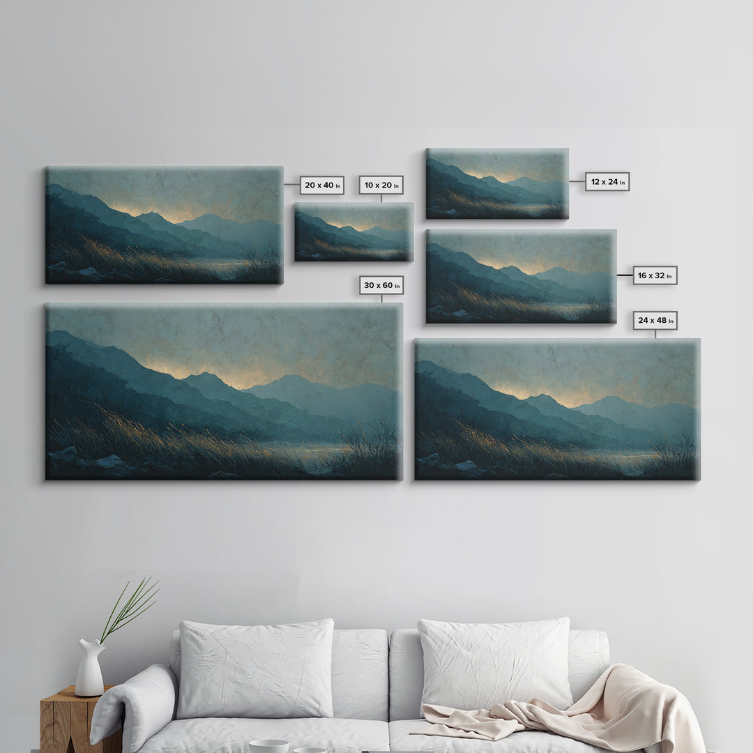 Misty Mountain Valley at Sunrise Canvas Print, Landscape Art, Abstract Wall Art, Living Room Decor, Fine Art, Horizon, LAN-2x1-93