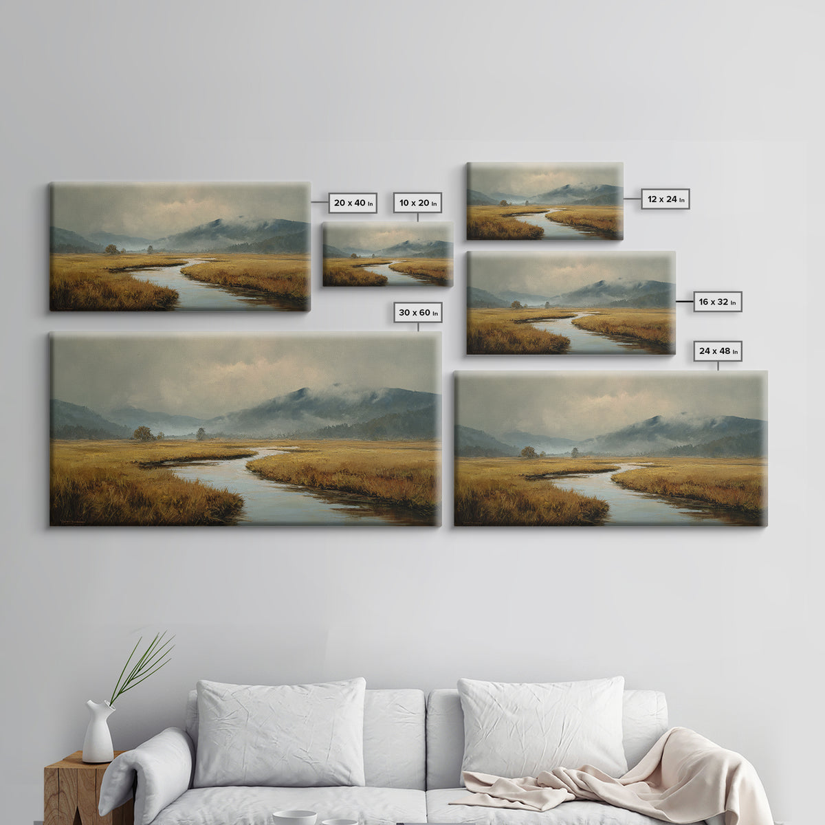 Winding River Through Golden Fields Canvas Print, Landscape Art, Printable Wall Art, Living Room Decor, Oil Painting, Horizon, LAN-2x1-94