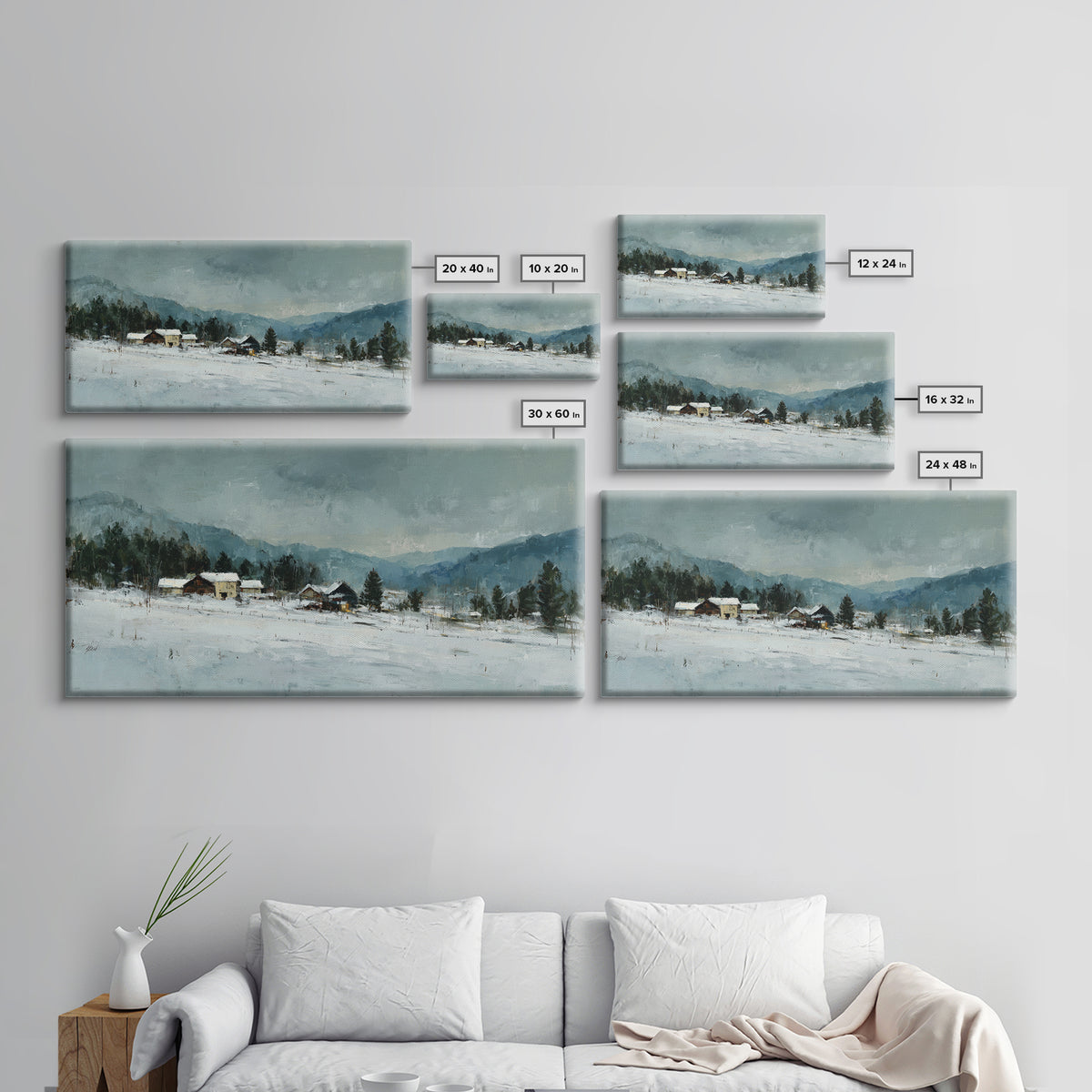 Snow Covered Alpine Village at Dusk Framed Canvas Print, Landscape Art, Abstract Wall Art, Living Room Decor, Fine Art, Horizon, LAN-2x1-99