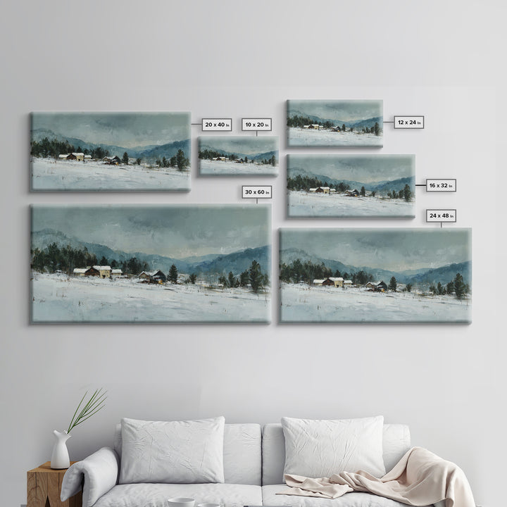 Snow Covered Alpine Village at Dusk Framed Canvas Print, Landscape Art, Abstract Wall Art, Living Room Decor, Fine Art, Horizon, LAN-2x1-99