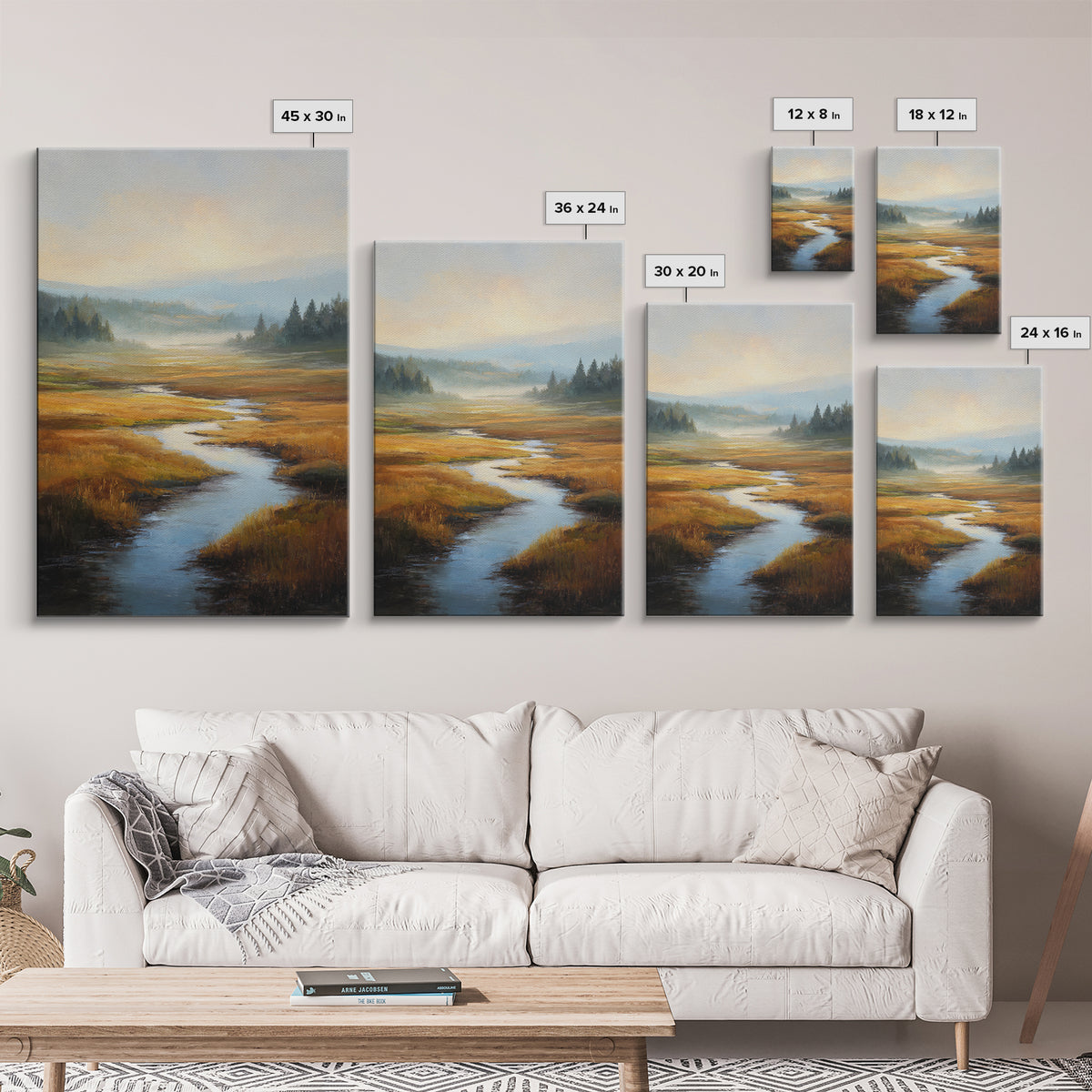 Winding River Through Golden Fields Canvas Print, Landscape Art, Contemporary Art, Living Room Decor, Fine Art, Horizon, LAN-2x3-10