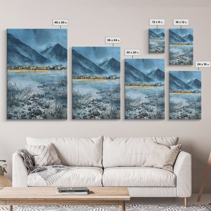 Snow Covered Alpine Village at Dusk Canvas Print, Landscape Art, Minimalist Decor, Living Room Decor, Oil Painting, Horizon, LAN-2x3-15