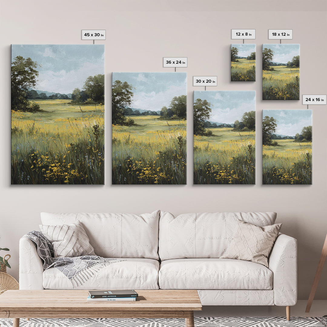 Sunlit Meadow with Wildflowers Framed Canvas Print, Landscape Art, Digital Art, Living Room Decor, Fine Art, Horizon, LAN-2x3-21