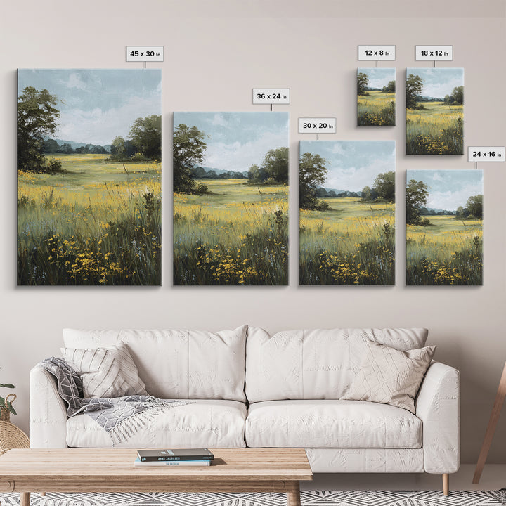 Sunlit Meadow with Wildflowers Framed Canvas Print, Landscape Art, Digital Art, Living Room Decor, Fine Art, Horizon, LAN-2x3-21