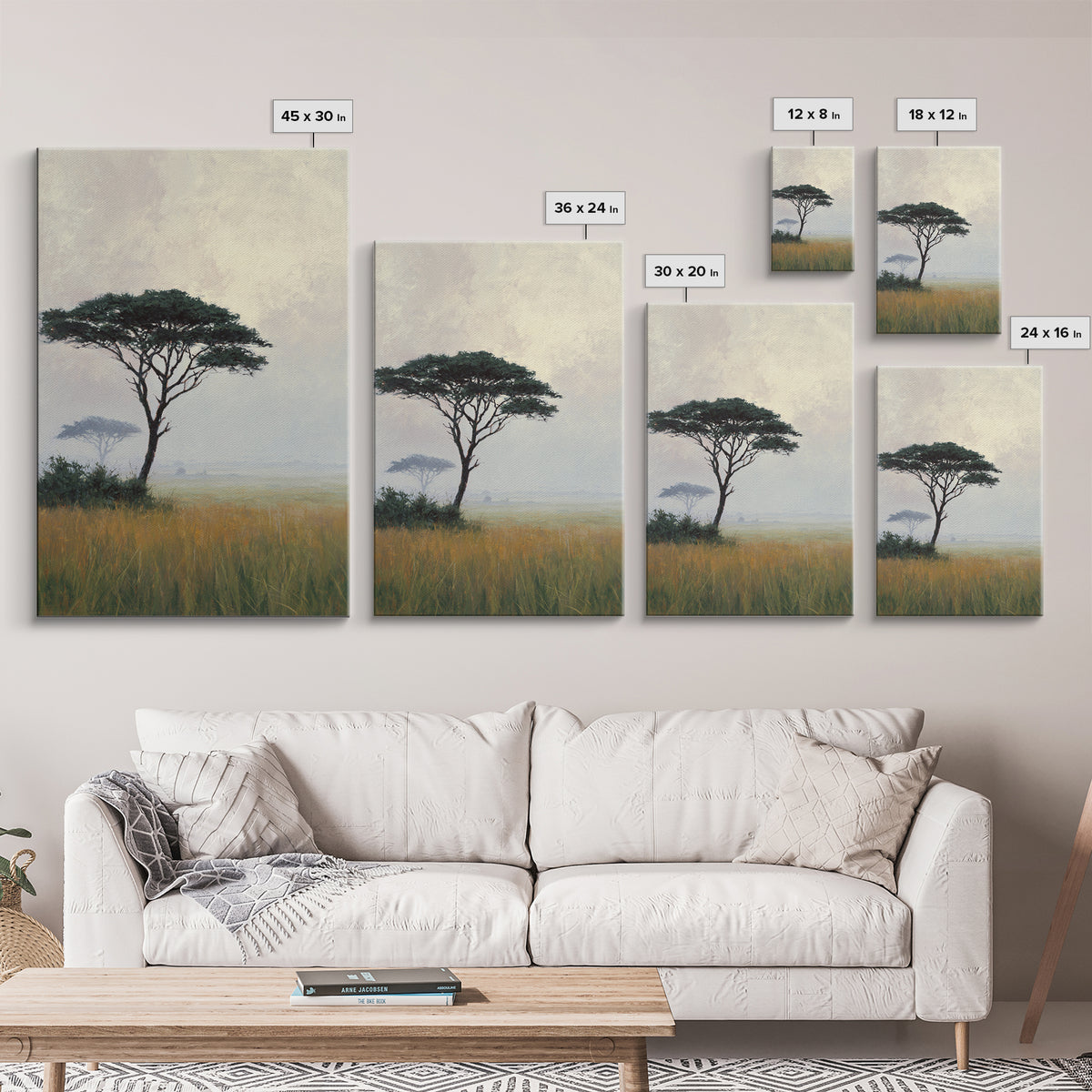 Wide Savanna with Acacia Silhouette Framed Canvas Print, Landscape Art, Room Decor, Living Room Decor, Fine Art, Horizon, LAN-2x3-3