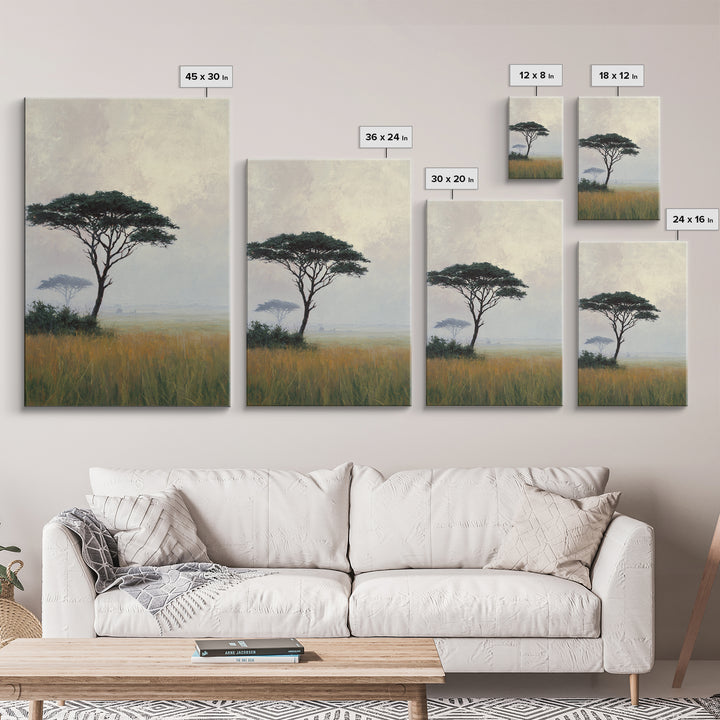Wide Savanna with Acacia Silhouette Framed Canvas Print, Landscape Art, Room Decor, Living Room Decor, Fine Art, Horizon, LAN-2x3-3