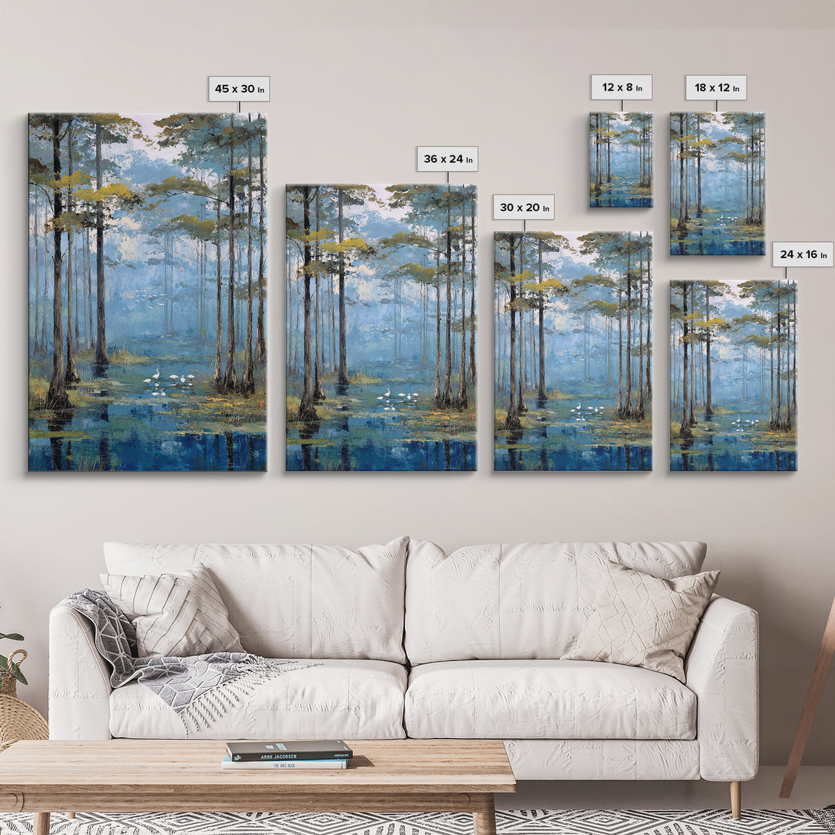 Misty Cypress Swamp Framed Canvas Print, Landscape Art, Minimalist Decor, Living Room Decor, Oil Painting, Horizon, LAN-2x3-30