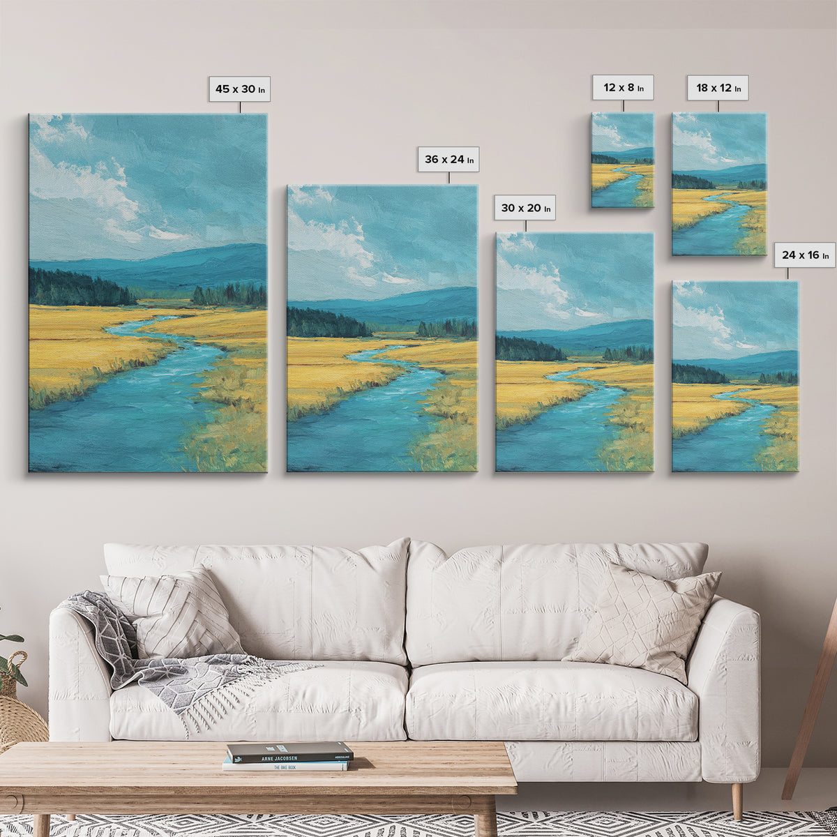 Winding River Through Golden Fields Framed Canvas Print, Landscape Art, Art Prints, Living Room Decor, Fine Art, Horizon, LAN-2x3-34