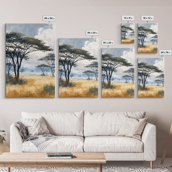 Wide Savanna with Acacia Silhouette Framed Canvas Print, Landscape Art, Digital Art, Living Room Decor, Fine Art, Horizon, LAN-2x3-51