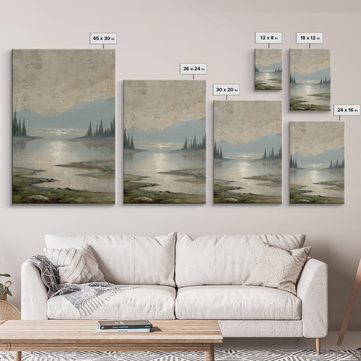 Moonlit River with Silver Reflections Framed Canvas Print, Landscape Art, Digital Print, Living Room Decor, Fine Art, Horizon, LAN-2x3-53