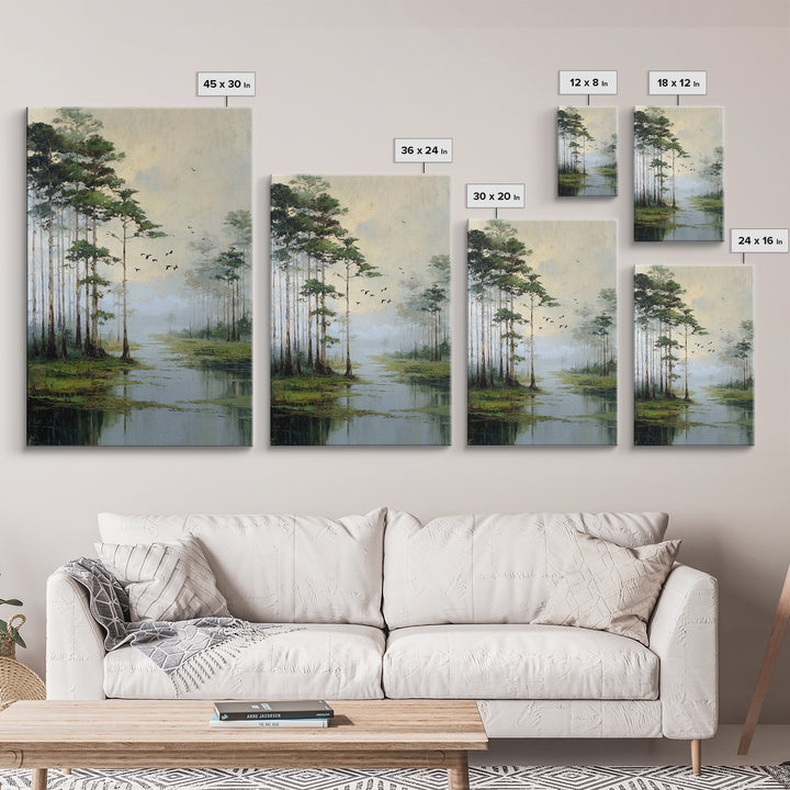 Misty Cypress Swamp Framed Canvas Print, Landscape Art, Minimalist Decor, Living Room Decor, Oil Painting, Horizon, LAN-2x3-6