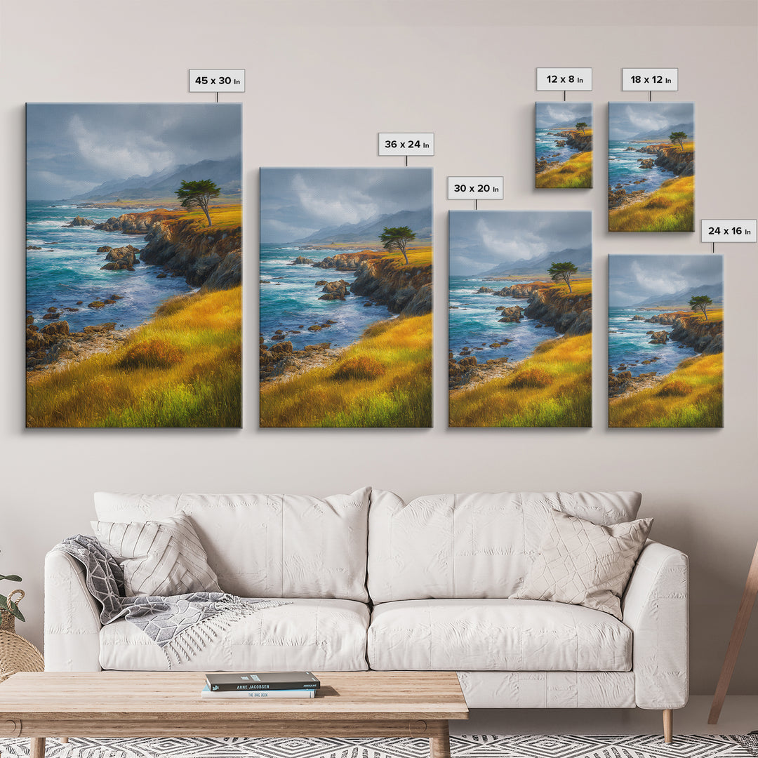 Coastal Cliffs with Crashing Waves Framed Canvas Print, Landscape Art, Art Prints, Living Room Decor, Fine Art, Horizon, LAN-2x3-64