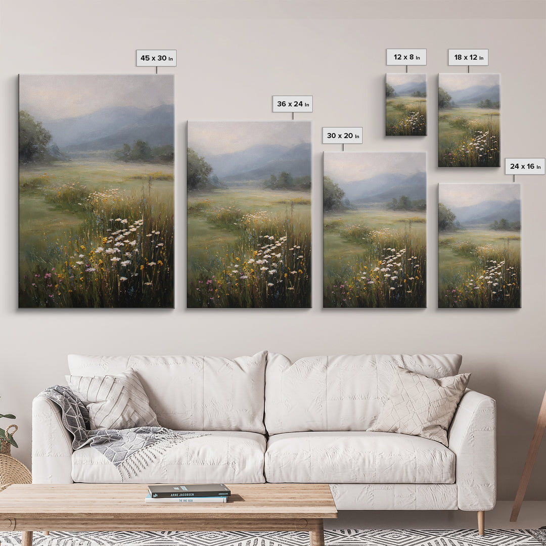 Sunlit Meadow with Wildflowers Framed Canvas Print, Landscape Art, Abstract Wall Art, Living Room Decor, Watercolor Art, LAN-2x3-69