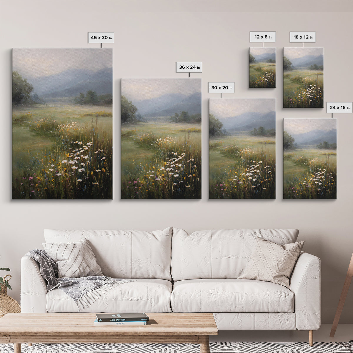 Sunlit Meadow with Wildflowers Framed Canvas Print, Landscape Art, Abstract Wall Art, Living Room Decor, Watercolor Art, LAN-2x3-69