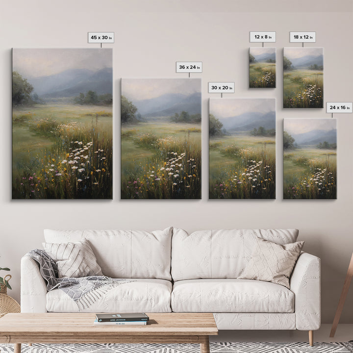 Sunlit Meadow with Wildflowers Framed Canvas Print, Landscape Art, Abstract Wall Art, Living Room Decor, Watercolor Art, LAN-2x3-69