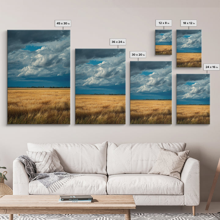 Golden Wheat Field Beneath Huge Clouds Framed Canvas Print, Landscape Art, Floral Wall Art, Living Room Decor, Horizon, LAN-2x3-8