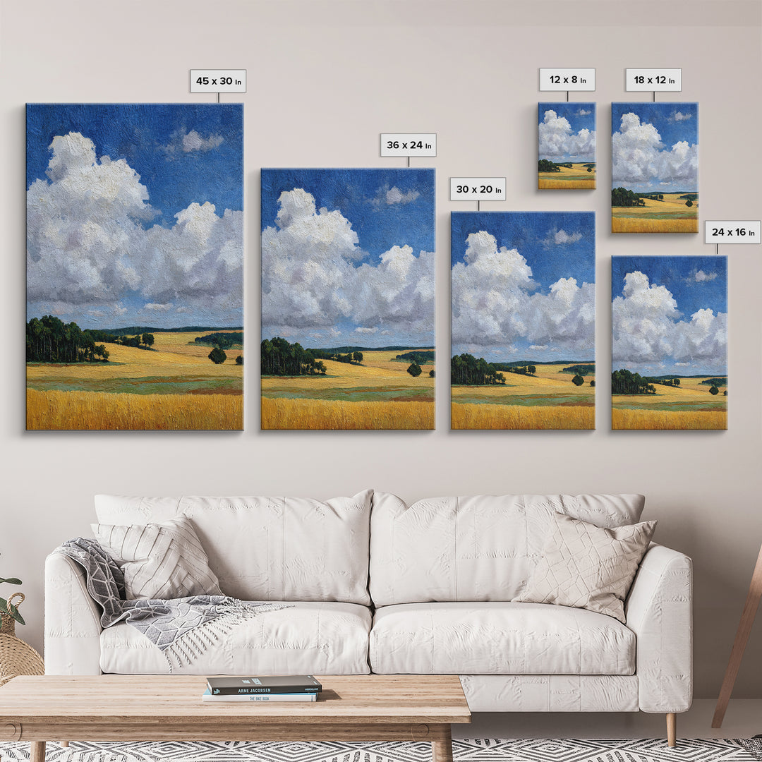 Golden Wheat Field Beneath Huge Clouds Framed Canvas Print, Landscape Art, Original Painting, Living Room Decor, Horizon, LAN-2x3-80