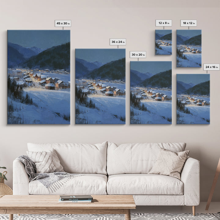Snow Covered Alpine Village at Dusk Framed Canvas Print, Landscape Art, Living Room Wall Art, Living Room Decor, Oil Painting, LAN-2x3-87