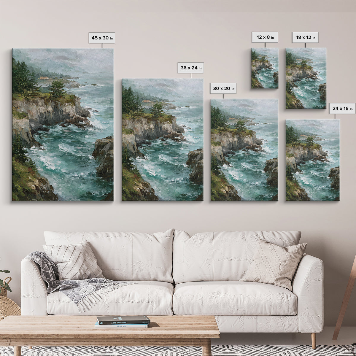 Coastal Cliffs with Crashing Waves Framed Canvas Print, Landscape Art, Farmhouse Decor, Living Room Decor, Fine Art, Horizon, LAN-2x3-88