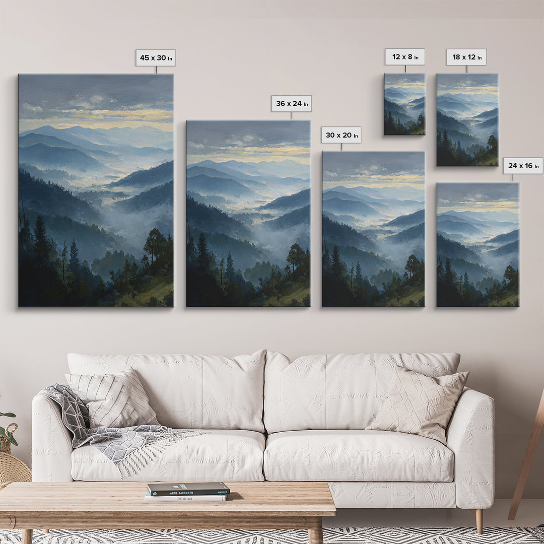 Misty Mountain Valley at Sunrise Canvas Print, Landscape Art, Digital Wall Art, Living Room Decor, Fine Art, Horizon, LAN-2x3-9