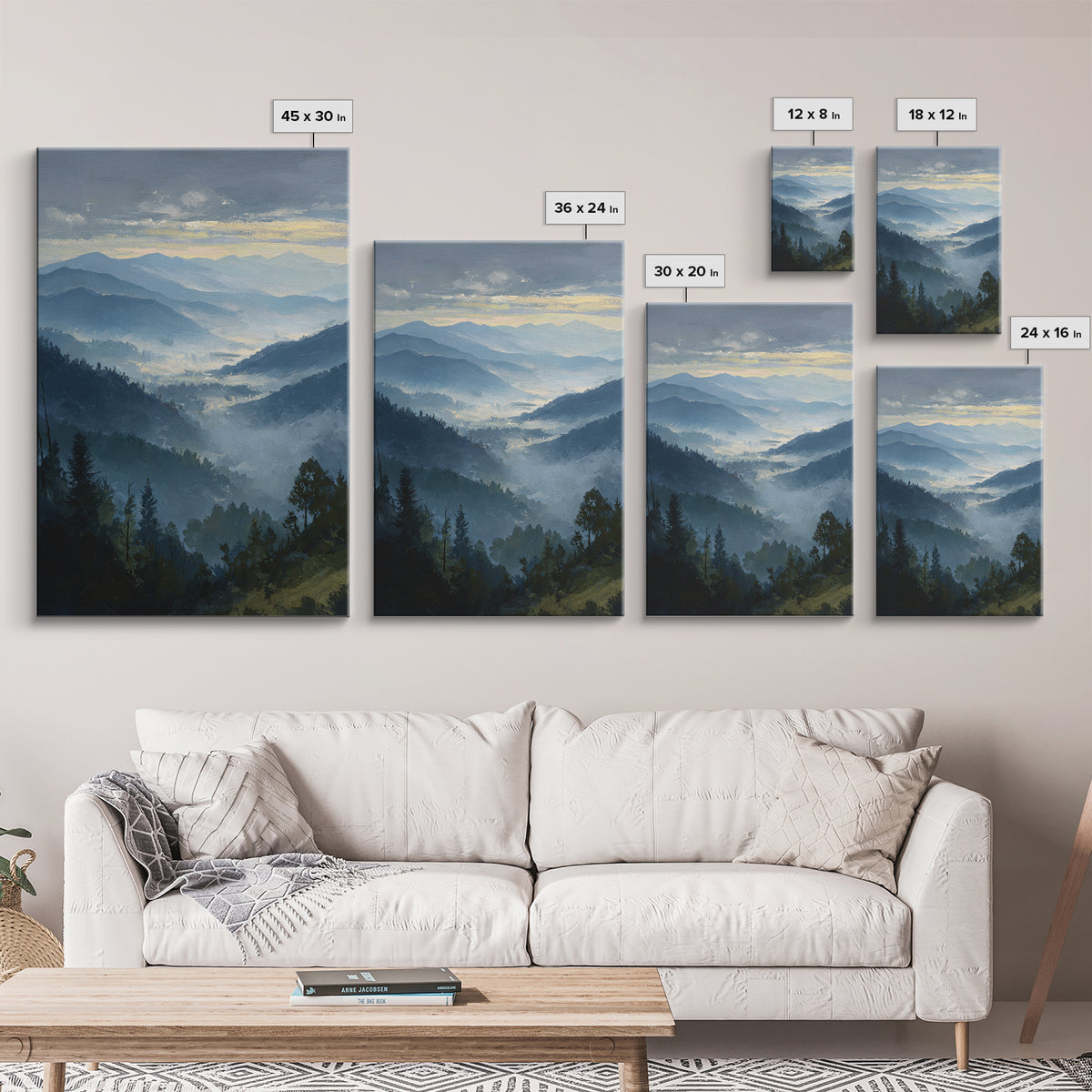 Misty Mountain Valley at Sunrise Canvas Print, Landscape Art, Digital Wall Art, Living Room Decor, Fine Art, Horizon, LAN-2x3-9