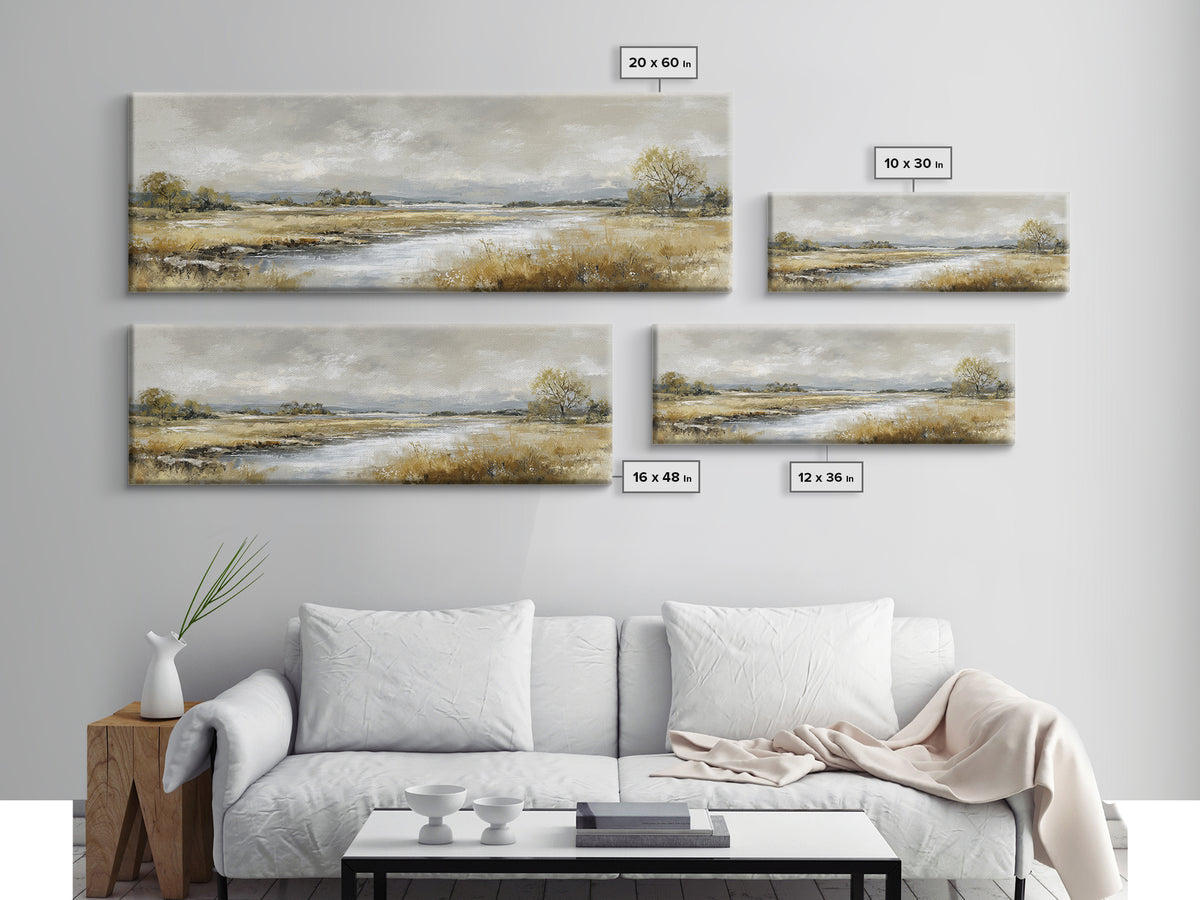 Moonlit River with Silver Reflections Canvas Print, Landscape Art, Living Room Decor, Oil Painting, Horizon, Modern Art, LAN-3x1-13