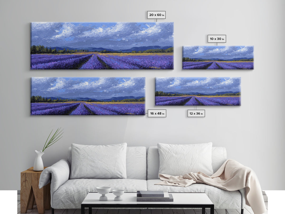 Lavender Field Leading to Distant Hills Framed Canvas Print, Landscape Art, Digital Wall Art, Living Room Decor, Horizon, LAN-3x1-2