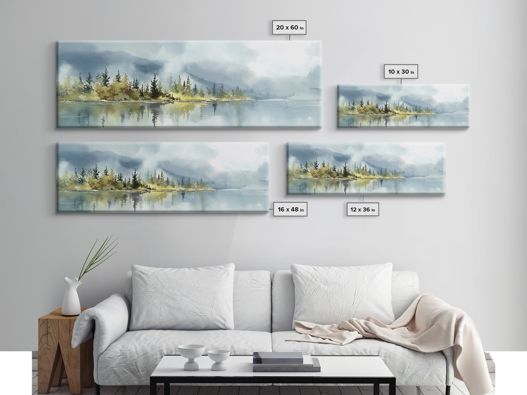 Quiet Lake Reflecting Pine Forest Canvas Print, Landscape Art, Living Room Wall Art, Living Room Decor, Oil Painting, Horizon, LAN-3x1-20