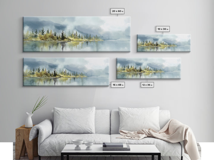 Quiet Lake Reflecting Pine Forest Canvas Print, Landscape Art, Living Room Wall Art, Living Room Decor, Oil Painting, Horizon, LAN-3x1-20