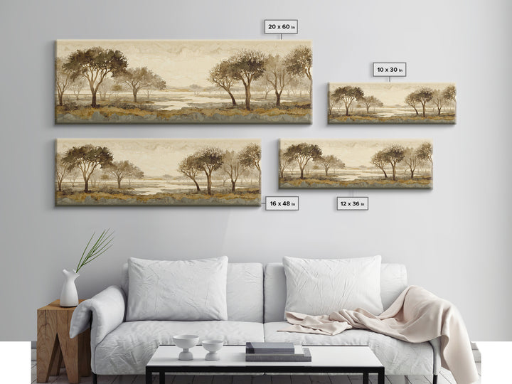 Wide Savanna with Acacia Silhouette Canvas Print, Landscape Art, Minimalist Decor, Living Room Decor, Oil Painting, Horizon, LAN-3x1-35