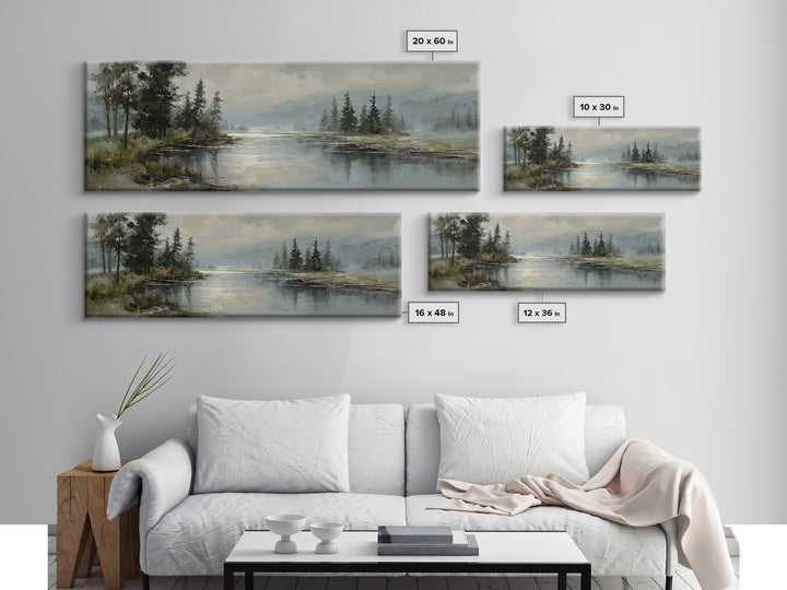 Moonlit River with Silver Reflections Framed Canvas Print, Landscape Art, Wall Art Print, Living Room Decor, Fine Art, Horizon, LAN-3x1-37