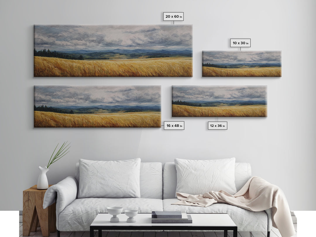 Golden Wheat Field Beneath Huge Clouds Canvas Print, Landscape Art, Neutral Decor, Living Room Decor, Oil Painting, Horizon, LAN-3x1-40