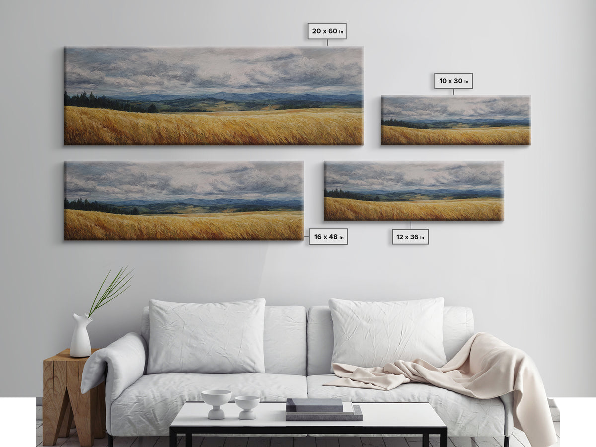 Golden Wheat Field Beneath Huge Clouds Canvas Print, Landscape Art, Neutral Decor, Living Room Decor, Oil Painting, Horizon, LAN-3x1-40