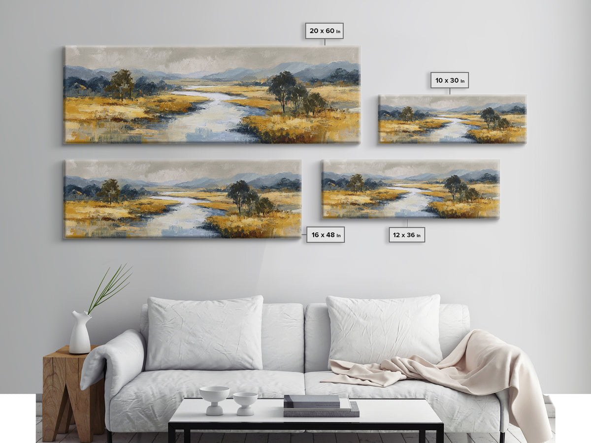 Winding River Through Golden Fields Canvas Print, Landscape Art, Boho Wall Art, Living Room Decor, Fine Art, Horizon, LAN-3x1-42